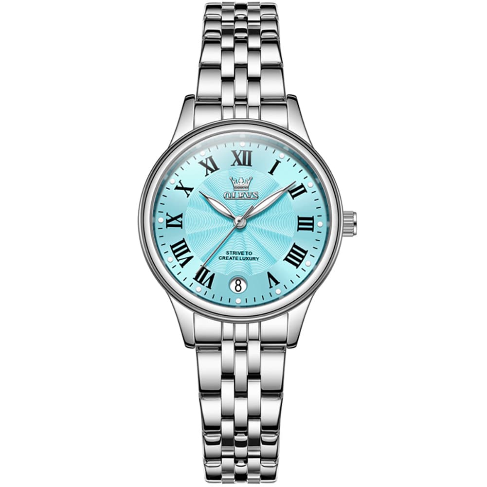 OLEVS Women Tiffany Blue Watch Roman Numeral Silver Stainless Steel Date Quartz 5600 - Silver Pink Dial | Olevs Watch Store