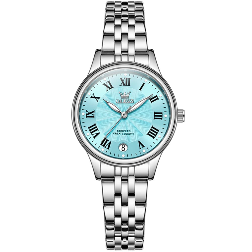 OLEVS Women Tiffany Blue Watch Roman Numeral Silver Stainless Steel Date Quartz 5600 - Silver Pink Dial | Olevs Watch Store