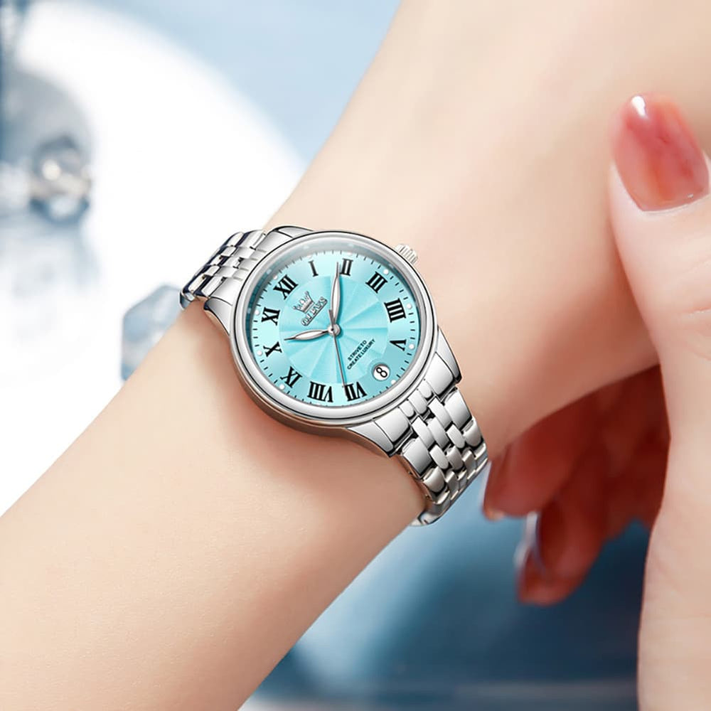 OLEVS Women Tiffany Blue Watch Roman Numeral Silver Stainless Steel Date Quartz 5600 - Silver Pink Dial | Olevs Watch Store