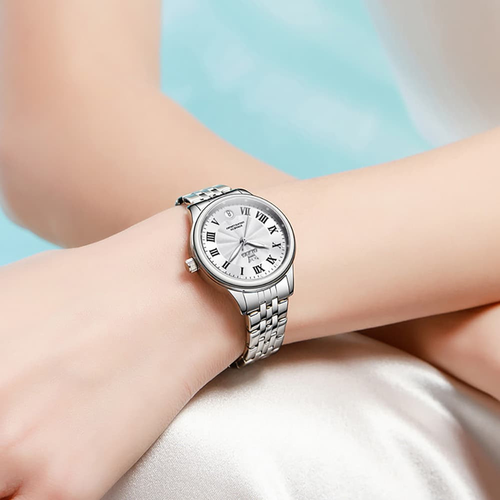 OLEVS Women Tiffany Blue Watch Roman Numeral Silver Stainless Steel Date Quartz 5600 - Silver Pink Dial | Olevs Watch Store