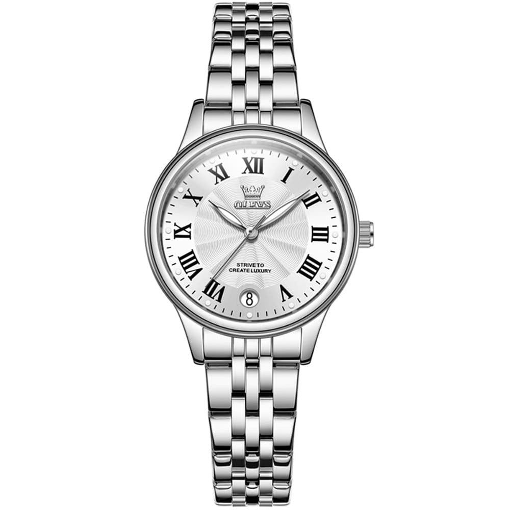 OLEVS Women Tiffany Blue Watch Roman Numeral Silver Stainless Steel Date Quartz 5600 - Silver Pink Dial | Olevs Watch Store