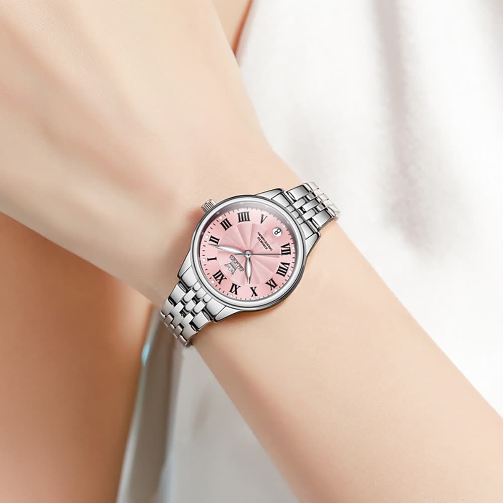 OLEVS Women Tiffany Blue Watch Roman Numeral Silver Stainless Steel Date Quartz 5600 - Silver Pink Dial | Olevs Watch Store