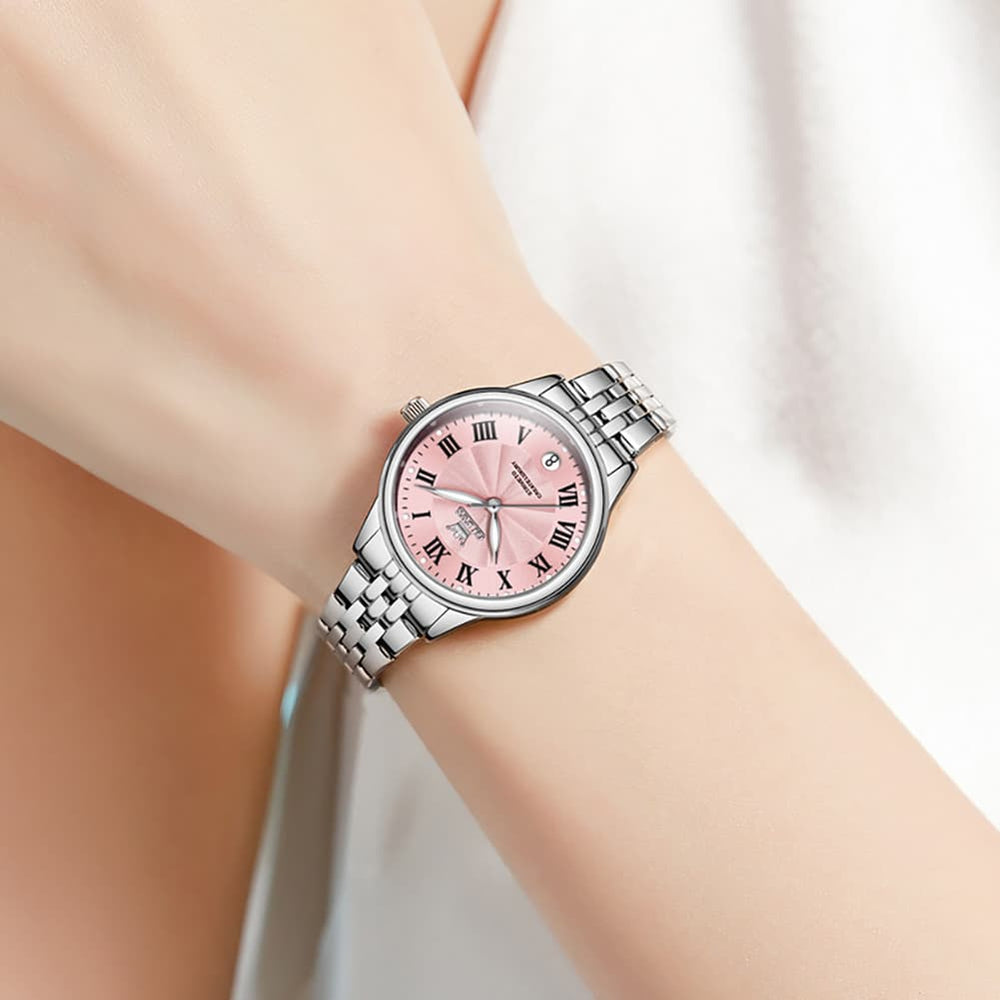 OLEVS Women Tiffany Blue Watch Roman Numeral Silver Stainless Steel Date Quartz 5600 - Silver Pink Dial | Olevs Watch Store