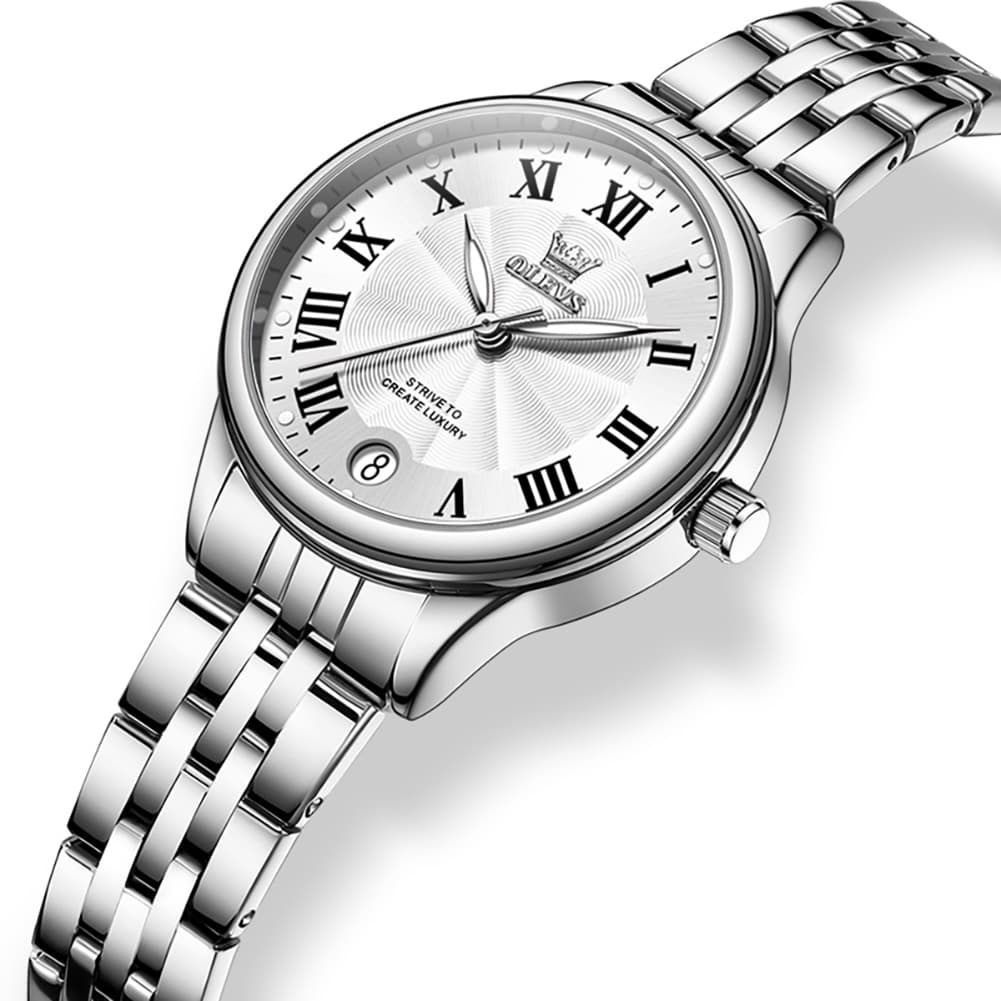 OLEVS Women Tiffany Blue Watch Roman Numeral Silver Stainless Steel Date Quartz 5600 - Silver White Dial | Olevs Watch Store