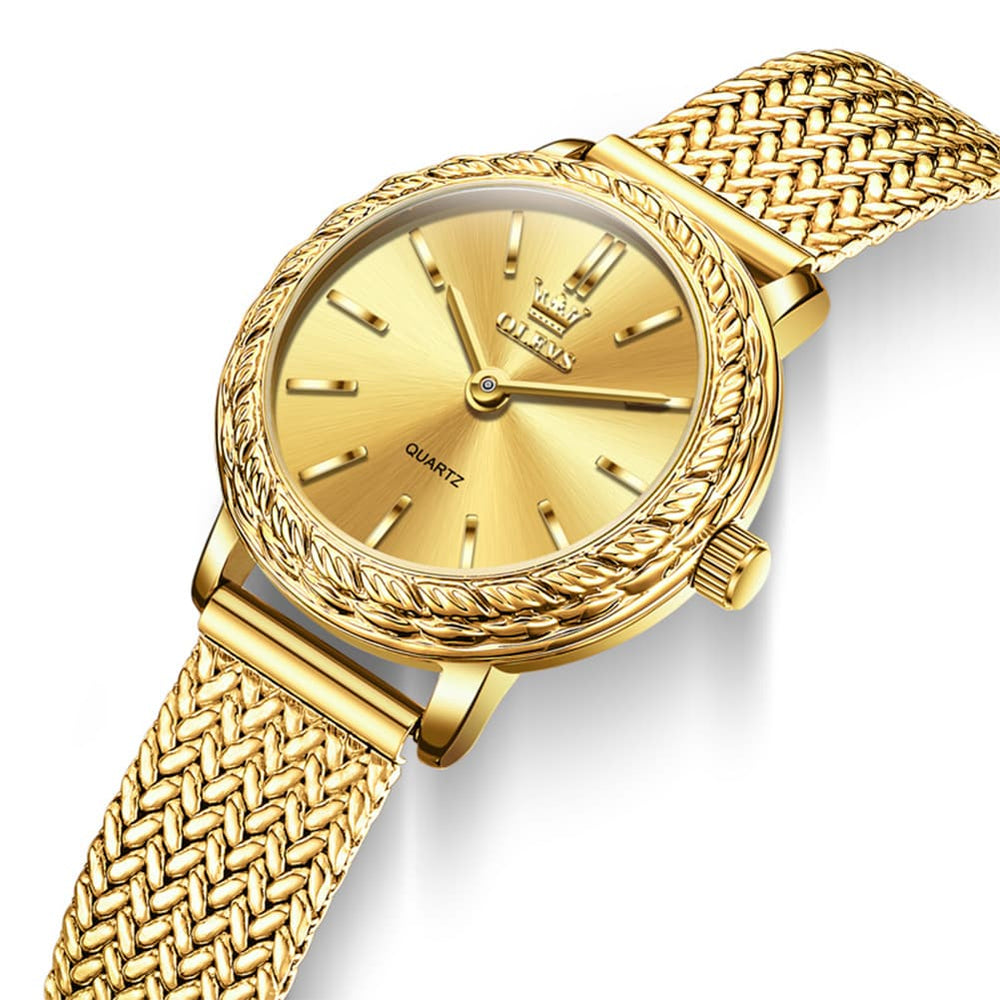OLEVS Women Vintage Dress Watch Carved Bezel Woven Stainless Steel Quartz 5643 - All Gold Dial Watch | Olevs Watch Store