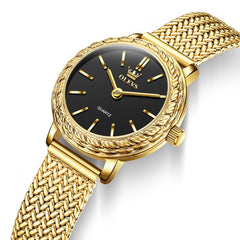 OLEVS Women Vintage Dress Watch Carved Bezel Woven Stainless Steel Quartz 5643 - Gold Black Dial Watch | Olevs Watch Store