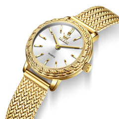 OLEVS Women Vintage Dress Watch Carved Bezel Woven Stainless Steel Quartz 5643 - Gold White Dial Watch | Olevs Watch Store