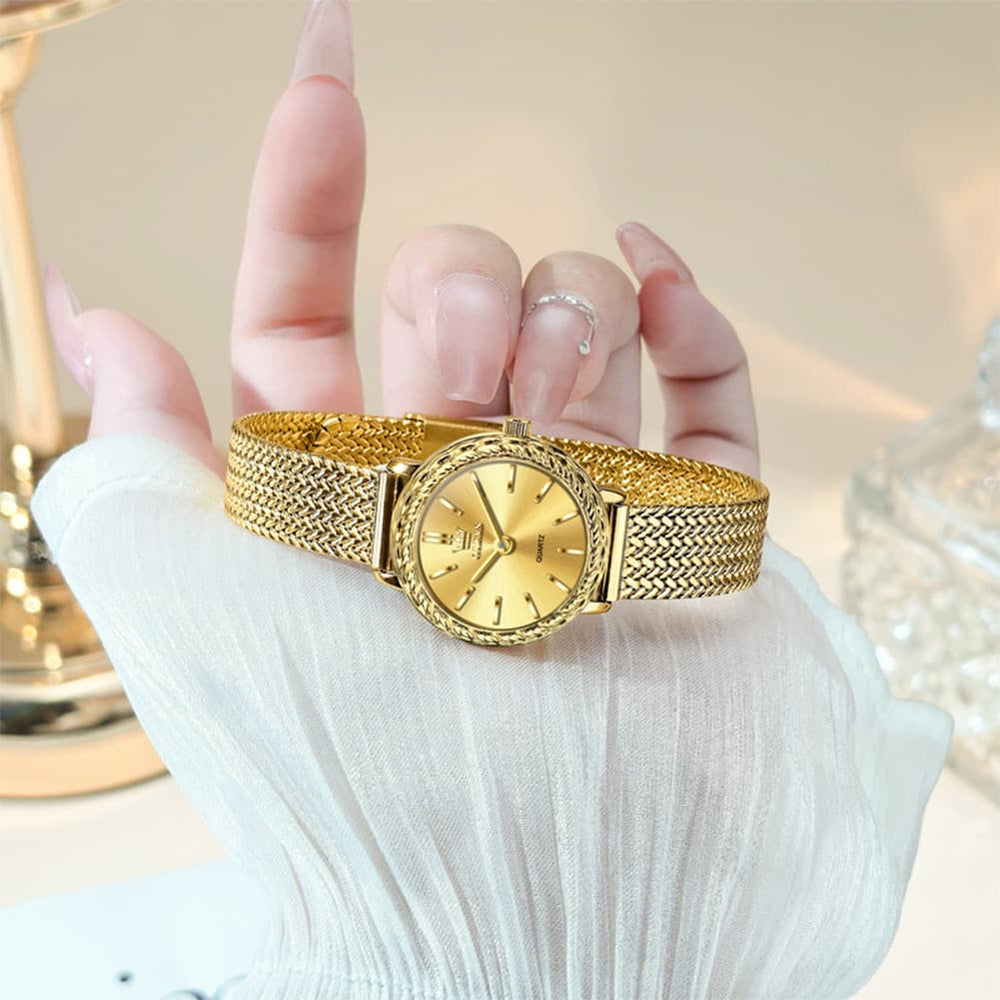 OLEVS Women Vintage Dress Watch Carved Bezel Woven Stainless Steel Quartz 5643 - Silver White Dial Watch | Olevs Watch Store