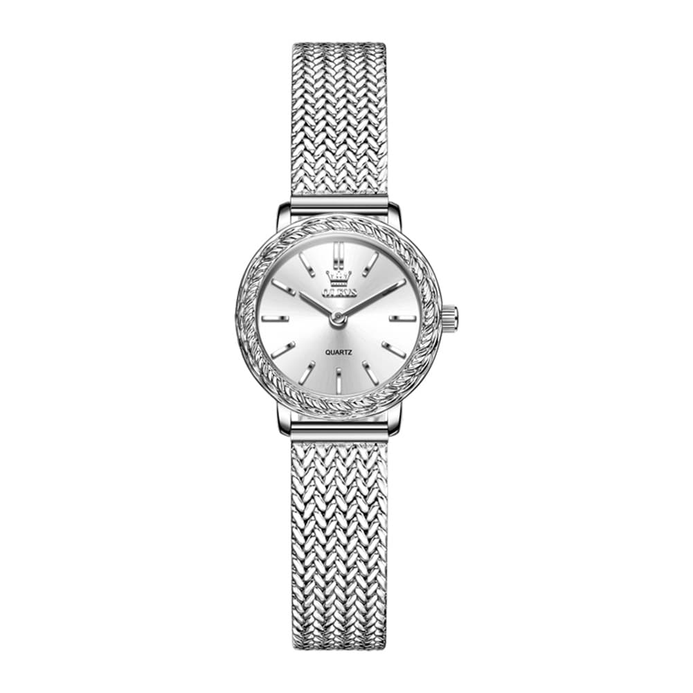 OLEVS Women Vintage Dress Watch Carved Bezel Woven Stainless Steel Quartz 5643 - Silver White Dial Watch | Olevs Watch Store