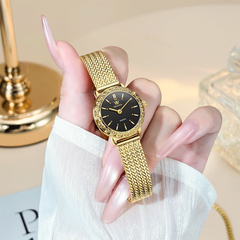 OLEVS Women Vintage Dress Watch Carved Bezel Woven Stainless Steel Quartz 5643 - Silver White Dial Watch | Olevs Watch Store