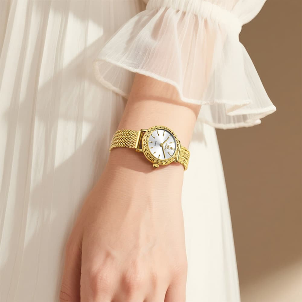 OLEVS Women Vintage Dress Watch Carved Bezel Woven Stainless Steel Quartz 5643 - Silver White Dial Watch | Olevs Watch Store