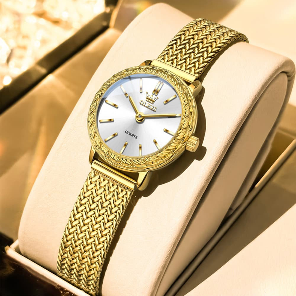 OLEVS Women Vintage Dress Watch Carved Bezel Woven Stainless Steel Quartz 5643 - Silver White Dial Watch | Olevs Watch Store