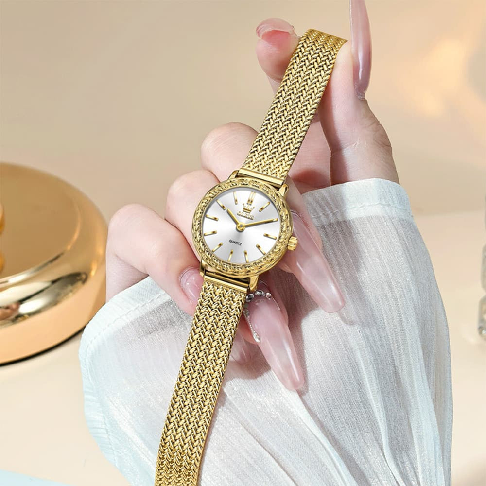 OLEVS Women Vintage Dress Watch Carved Bezel Woven Stainless Steel Quartz 5643 - Silver White Dial Watch | Olevs Watch Store