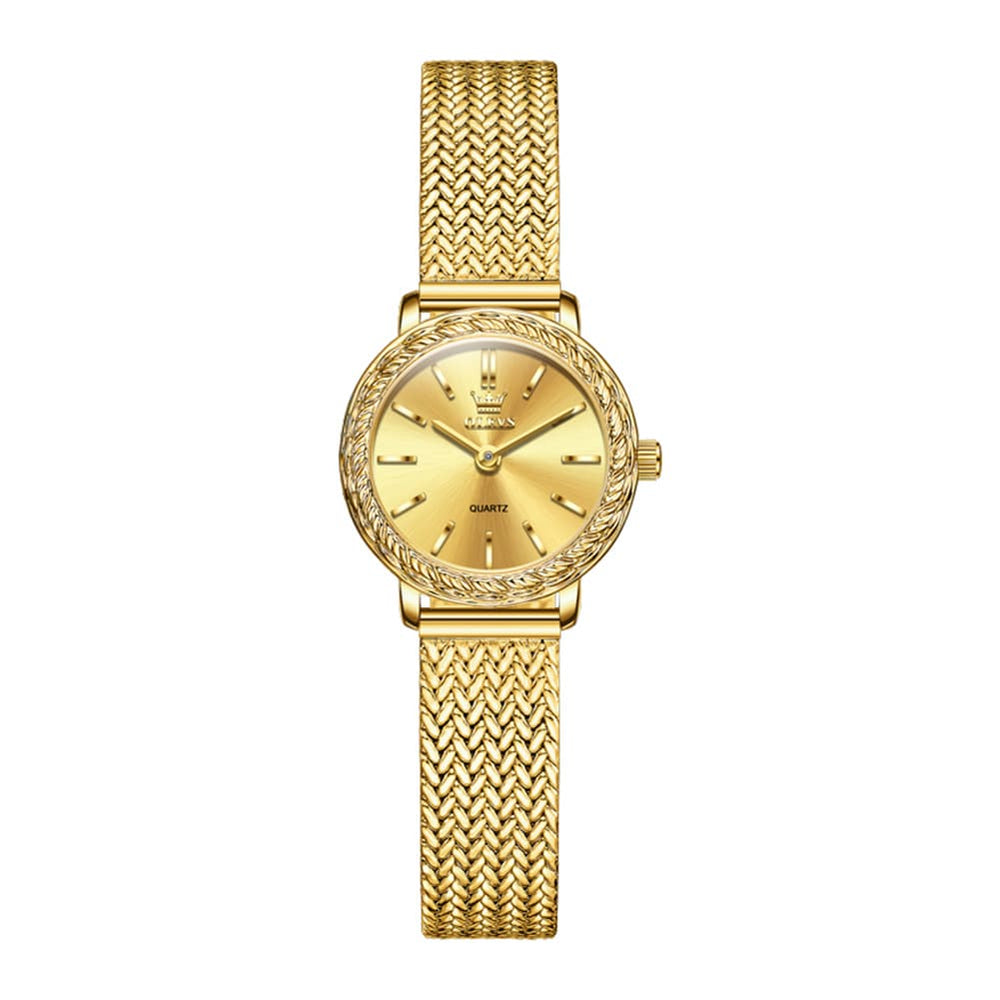 OLEVS Women Vintage Dress Watch Carved Bezel Woven Stainless Steel Quartz 5643 - Silver White Dial Watch | Olevs Watch Store