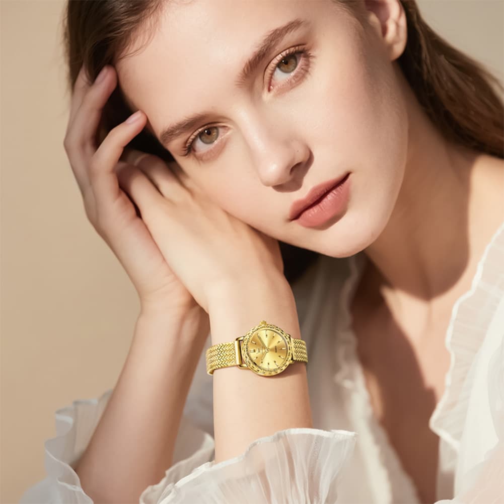 OLEVS Women Vintage Dress Watch Carved Bezel Woven Stainless Steel Quartz 5643 - Silver White Dial Watch | Olevs Watch Store