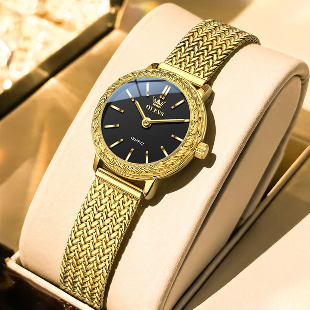 OLEVS Women Vintage Dress Watch Carved Bezel Woven Stainless Steel Quartz 5643 - Silver White Dial Watch | Olevs Watch Store