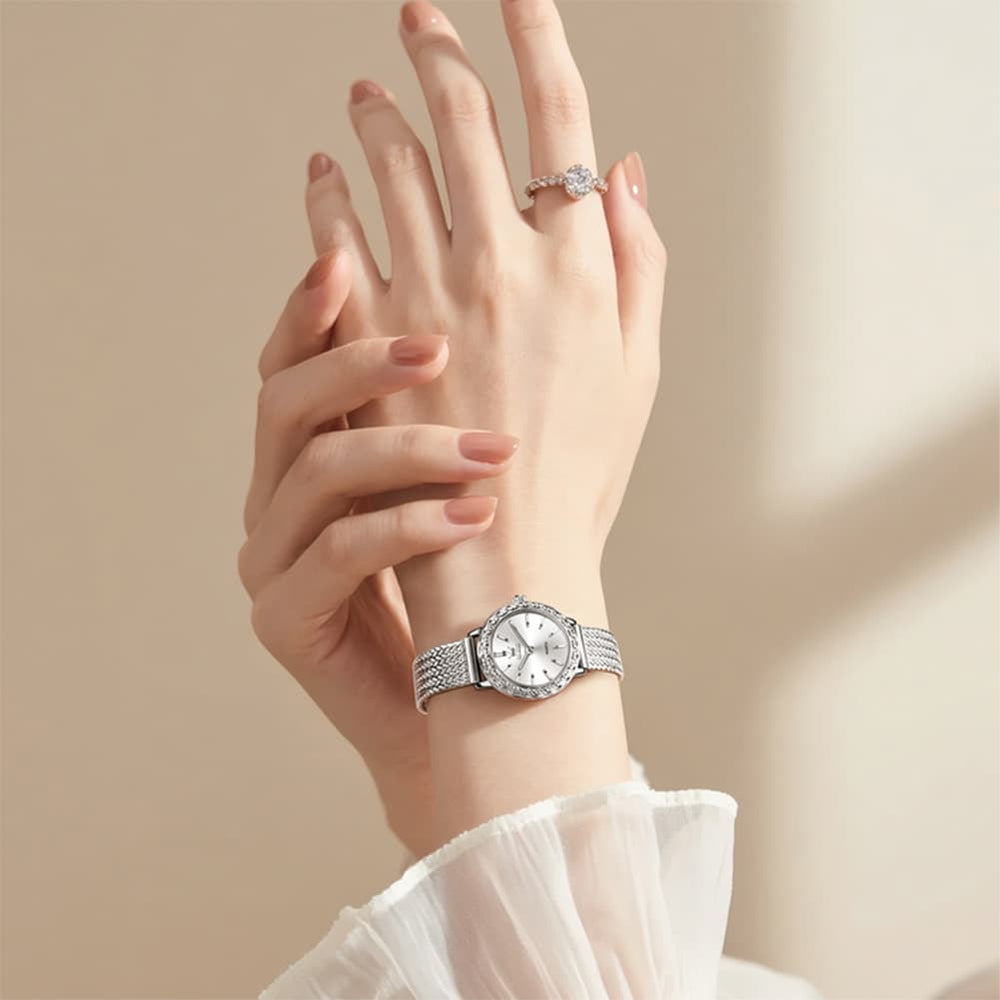 OLEVS Women Vintage Dress Watch Carved Bezel Woven Stainless Steel Quartz 5643 - Silver White Dial Watch | Olevs Watch Store