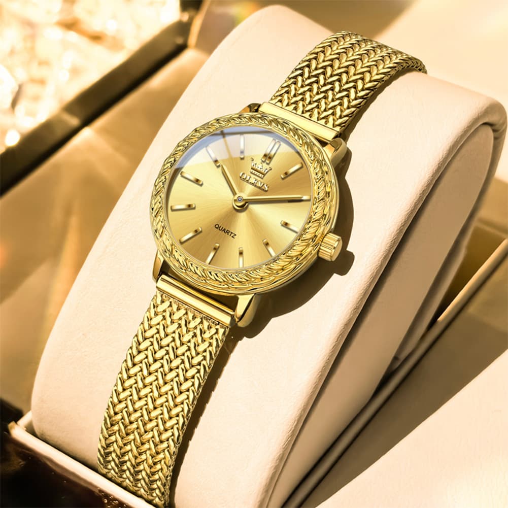 OLEVS Women Vintage Dress Watch Carved Bezel Woven Stainless Steel Quartz 5643 - Silver White Dial Watch | Olevs Watch Store