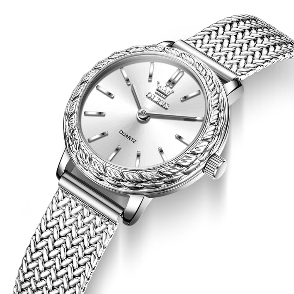 OLEVS Women Vintage Dress Watch Carved Bezel Woven Stainless Steel Quartz 5643 - Silver White Dial Watch | Olevs Watch Store