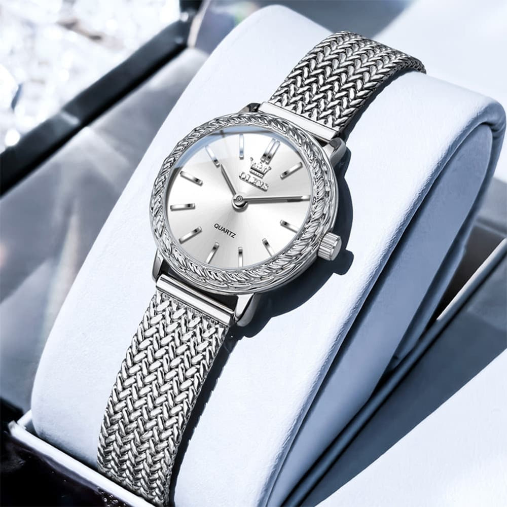 OLEVS Women Vintage Dress Watch Carved Bezel Woven Stainless Steel Quartz 5643 - Silver White Dial Watch | Olevs Watch Store