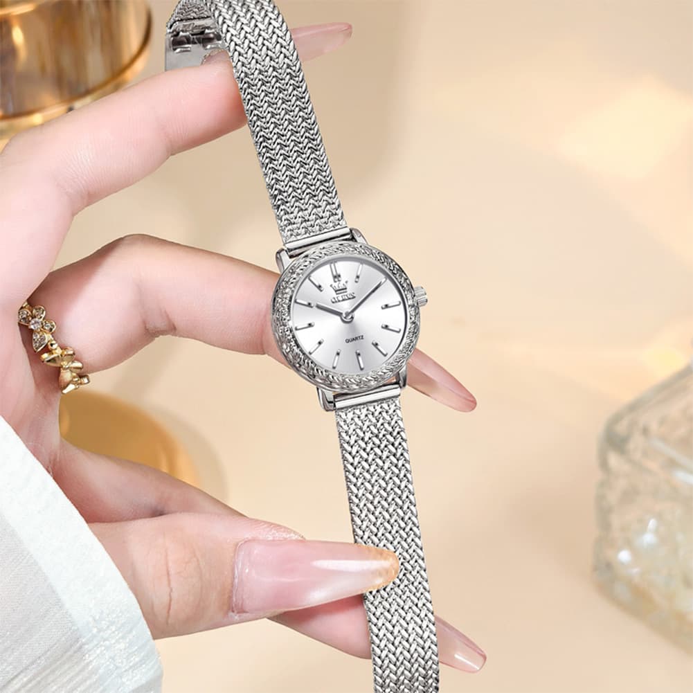 OLEVS Women Vintage Dress Watch Carved Bezel Woven Stainless Steel Quartz 5643 - Silver White Dial Watch | Olevs Watch Store