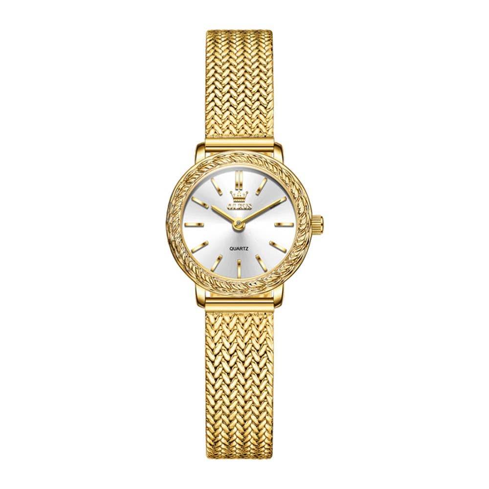 OLEVS Women Vintage Dress Watch Carved Bezel Woven Stainless Steel Quartz 5643 - Silver White Dial Watch | Olevs Watch Store