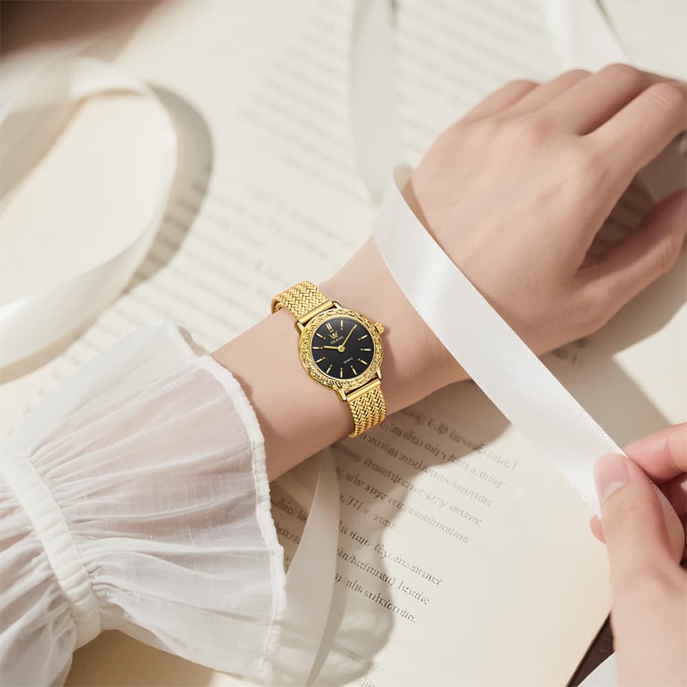 OLEVS Women Vintage Dress Watch Carved Bezel Woven Stainless Steel Quartz 5643 - Silver White Dial Watch | Olevs Watch Store