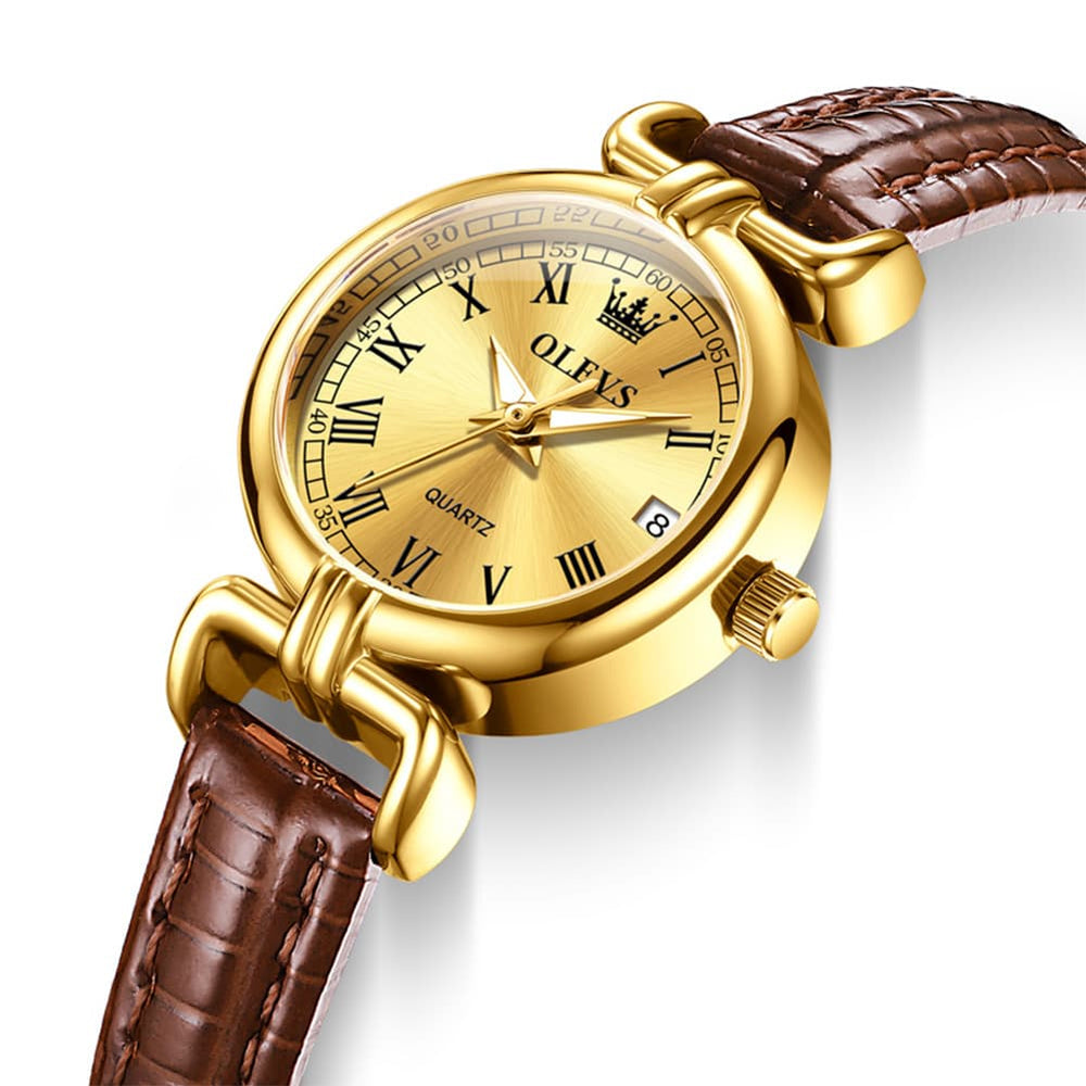OLEVS Women Vintage Dress Watch Petite 24mm Leather Strap Date Quartz 5645 - All Gold Dial Watch | Olevs Watch Store