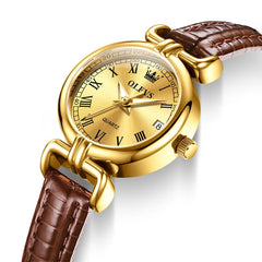 OLEVS Women Vintage Dress Watch Petite 24mm Leather Strap Date Quartz 5645 - All Gold Dial Watch | Olevs Watch Store