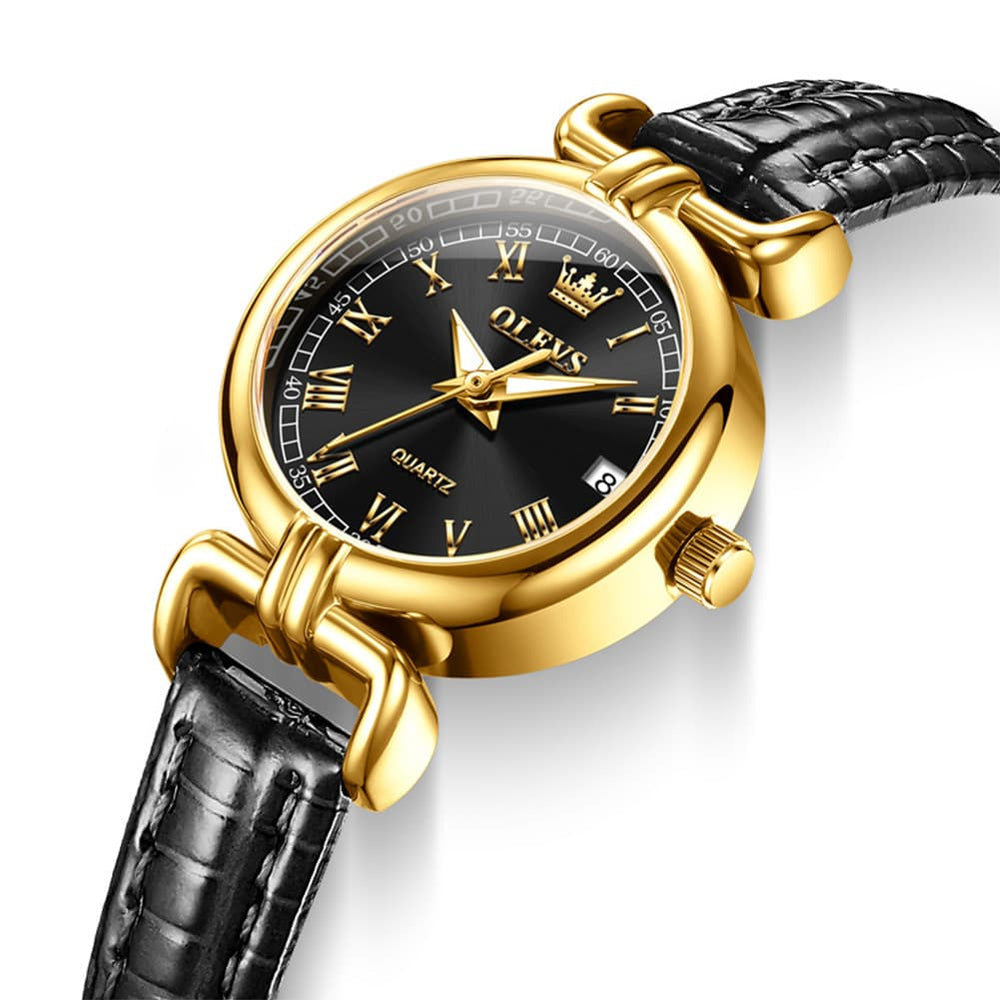 OLEVS Women Vintage Dress Watch Petite 24mm Leather Strap Date Quartz 5645 - Gold Black Dial Watch | Olevs Watch Store