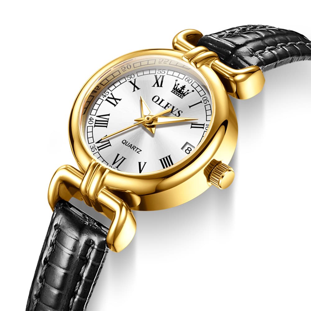 OLEVS Women Vintage Dress Watch Petite 24mm Leather Strap Date Quartz 5645 - Gold White Dial Watch | Olevs Watch Store