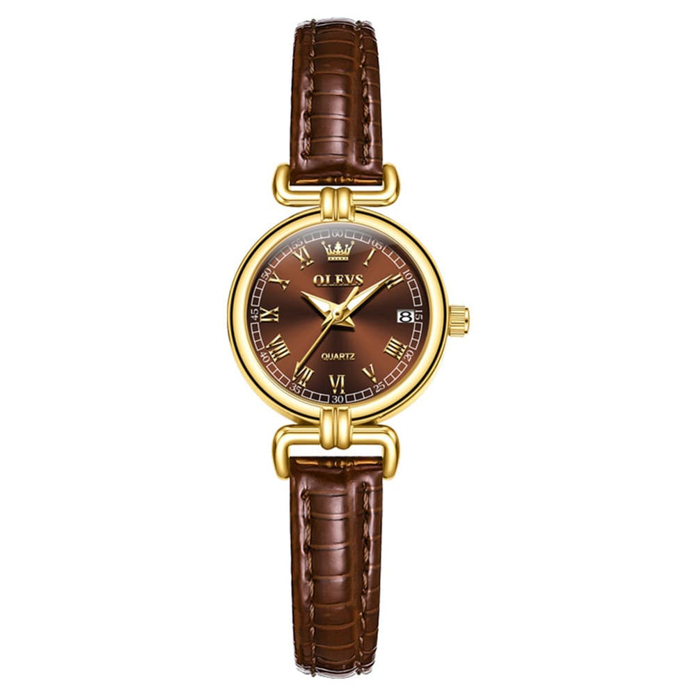 OLEVS Women Vintage Dress Watch Petite 24mm Leather Strap Date Quartz 5645 - Silver White Dial Watch | Olevs Watch Store