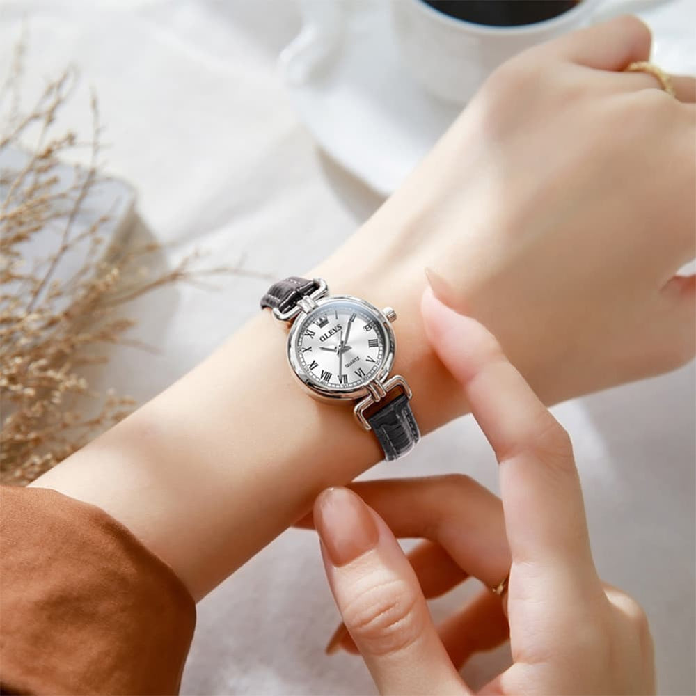 OLEVS Women Vintage Dress Watch Petite 24mm Leather Strap Date Quartz 5645 - Silver White Dial Watch | Olevs Watch Store