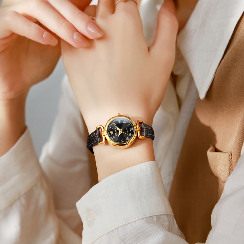 OLEVS Women Vintage Dress Watch Petite 24mm Leather Strap Date Quartz 5645 - Silver White Dial Watch | Olevs Watch Store