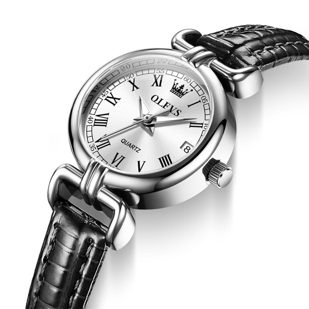 OLEVS Women Vintage Dress Watch Petite 24mm Leather Strap Date Quartz 5645 - Silver White Dial Watch | Olevs Watch Store