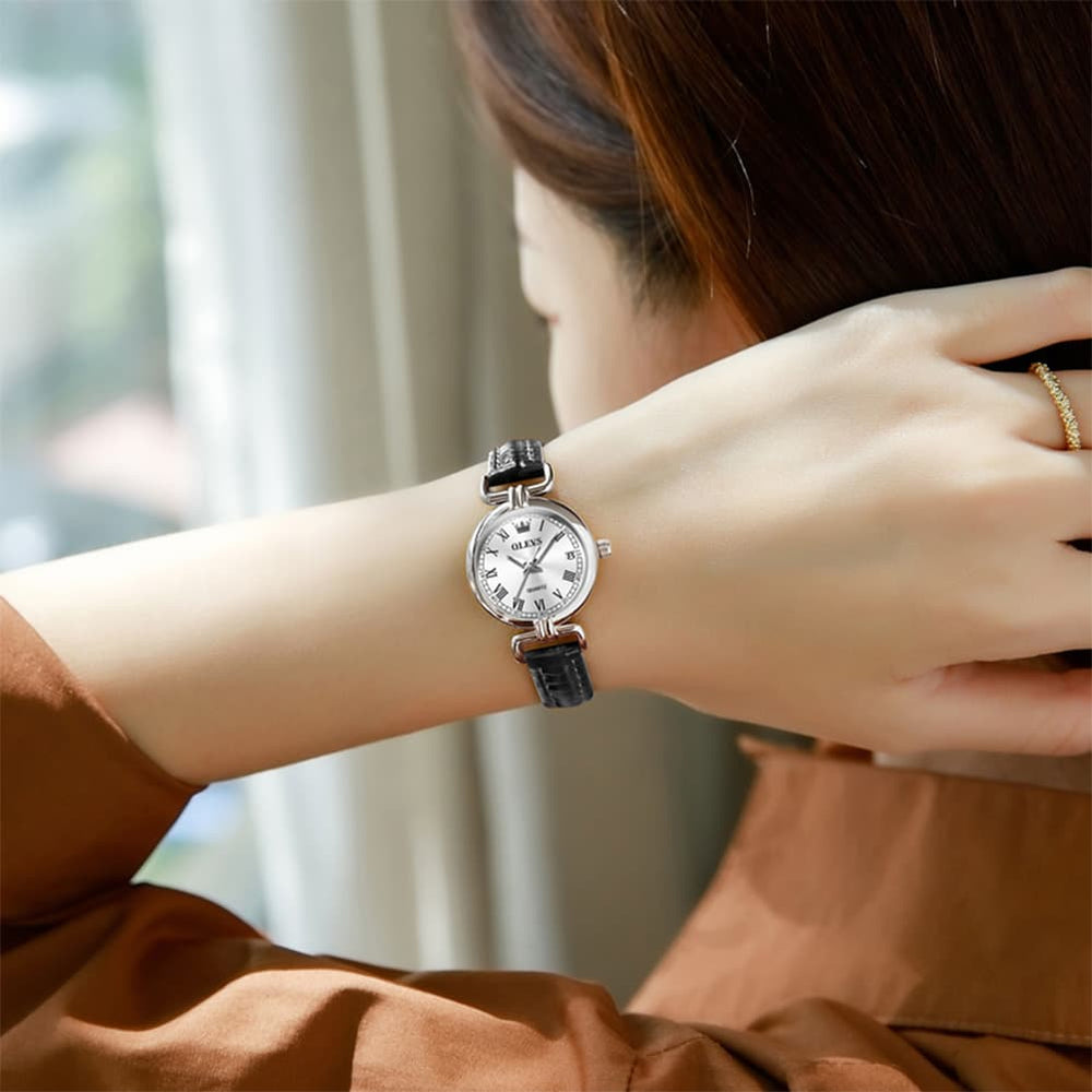 OLEVS Women Vintage Dress Watch Petite 24mm Leather Strap Date Quartz 5645 - Silver White Dial Watch | Olevs Watch Store