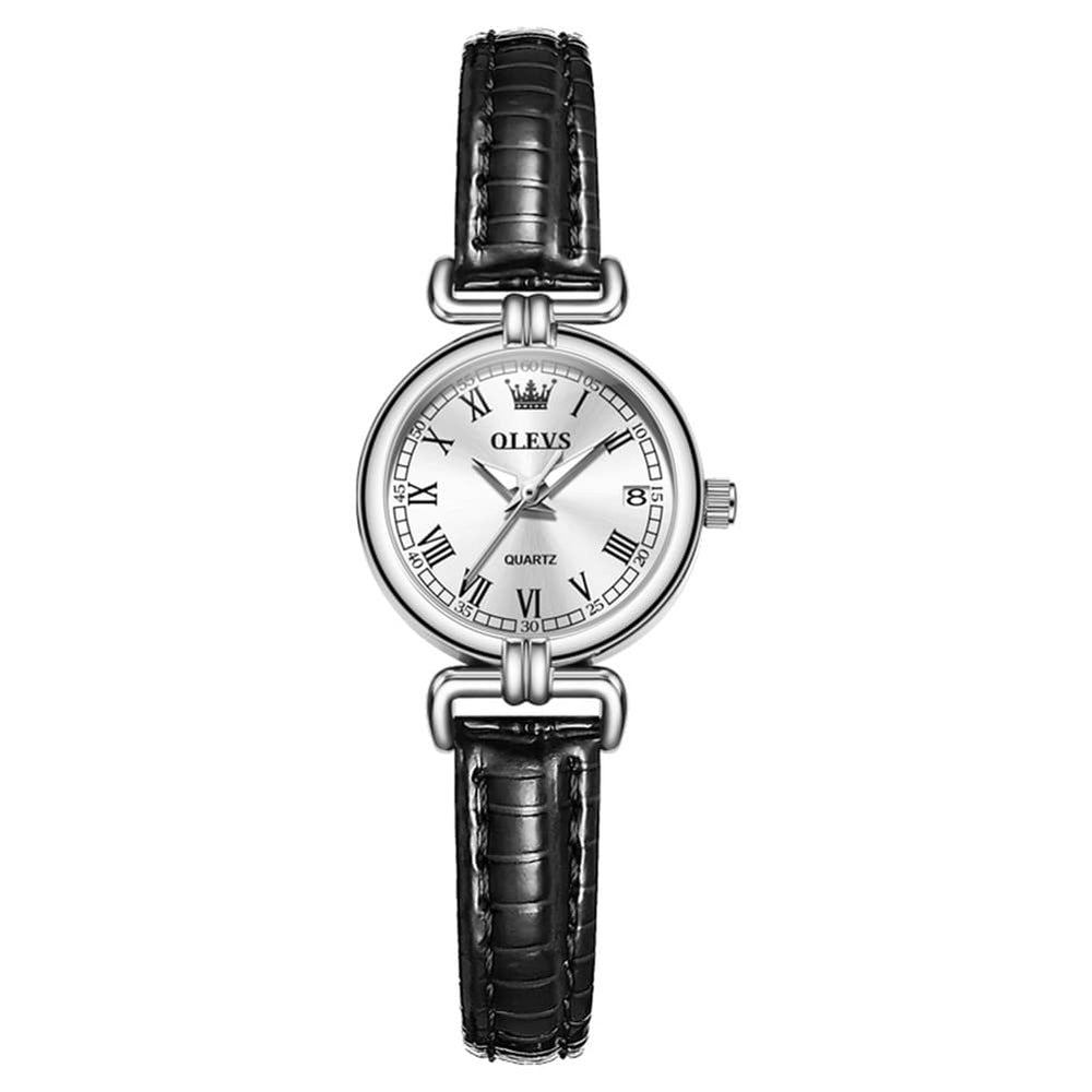 OLEVS Women Vintage Dress Watch Petite 24mm Leather Strap Date Quartz 5645 - Silver White Dial Watch | Olevs Watch Store