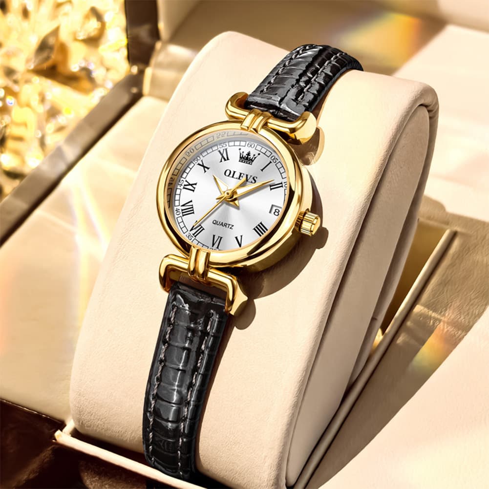 OLEVS Women Vintage Dress Watch Petite 24mm Leather Strap Date Quartz 5645 - Silver White Dial Watch | Olevs Watch Store