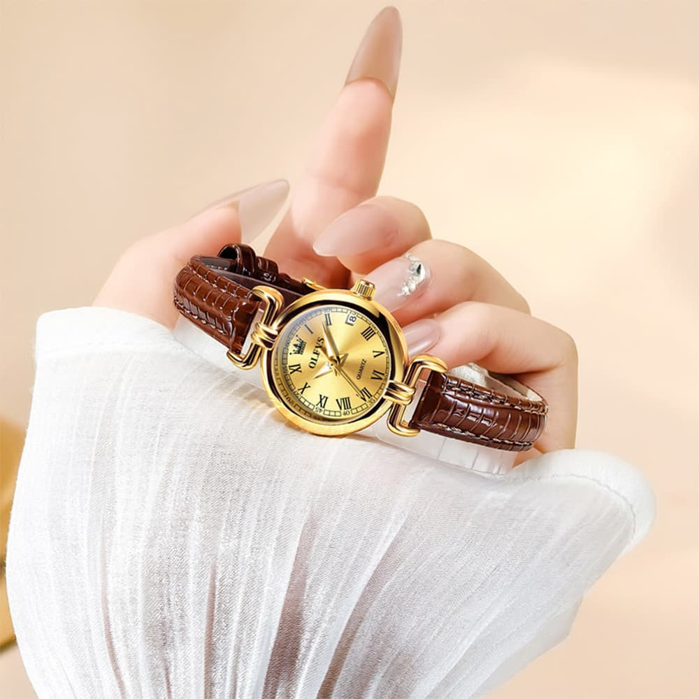 OLEVS Women Vintage Dress Watch Petite 24mm Leather Strap Date Quartz 5645 - Silver White Dial Watch | Olevs Watch Store