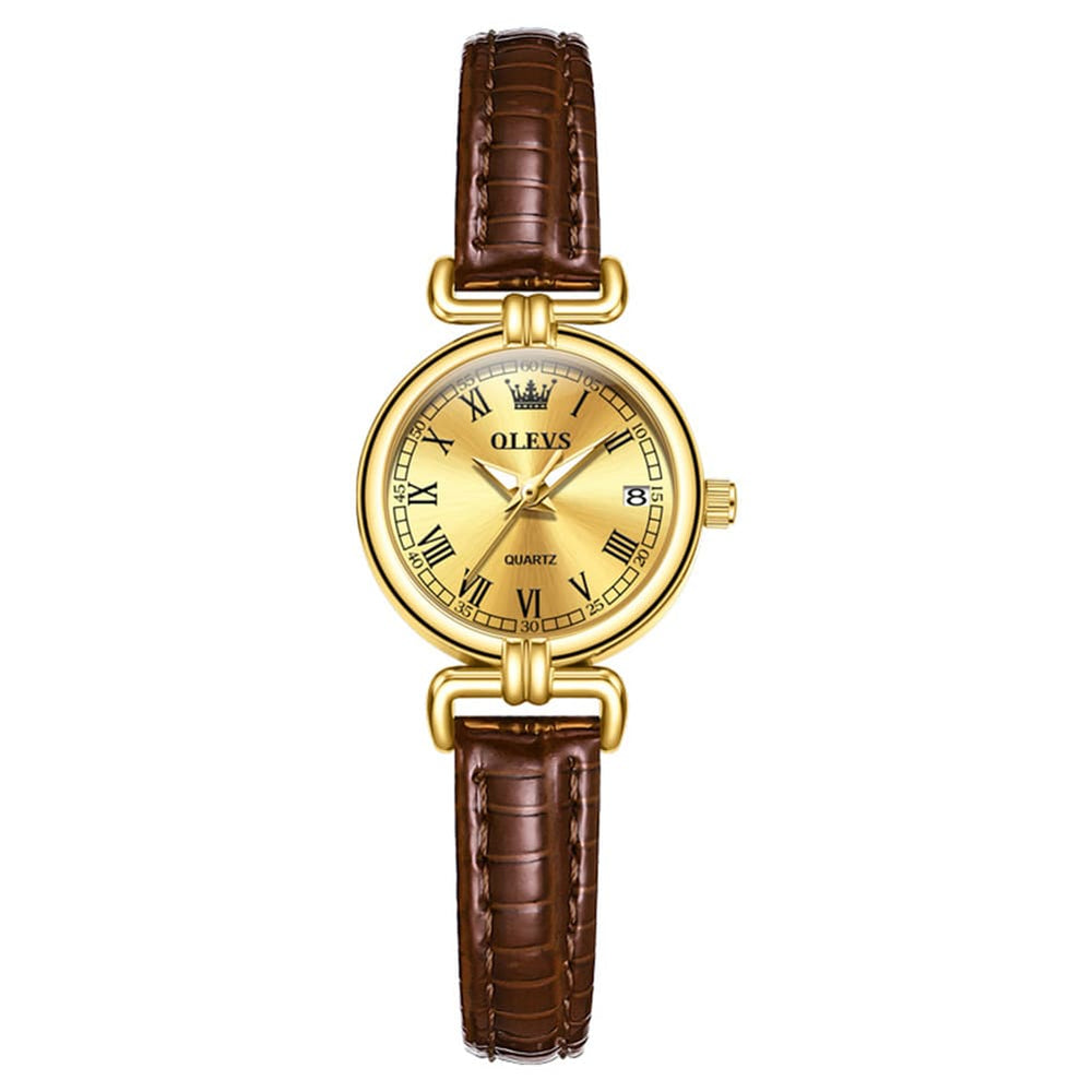 OLEVS Women Vintage Dress Watch Petite 24mm Leather Strap Date Quartz 5645 - Silver White Dial Watch | Olevs Watch Store