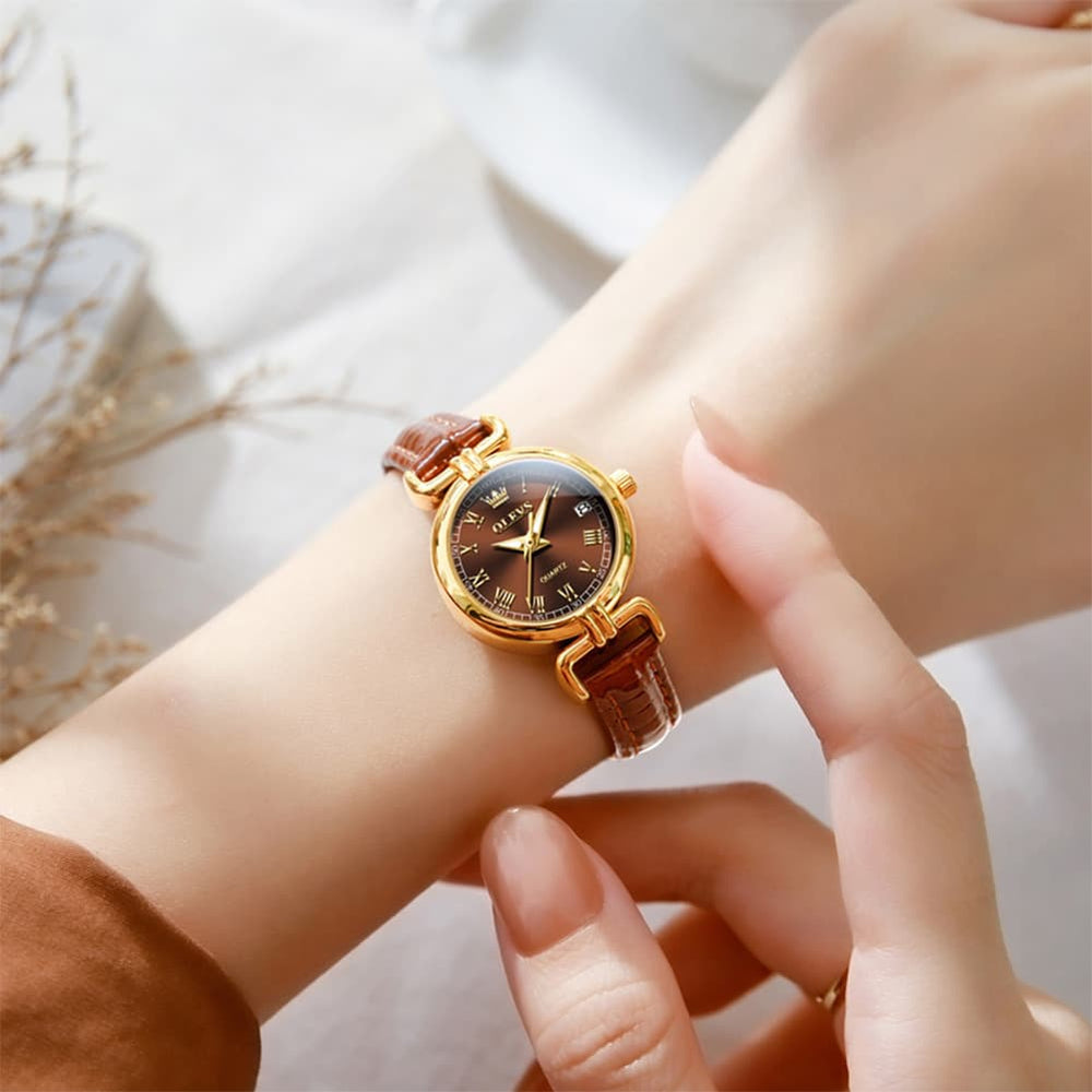 OLEVS Women Vintage Dress Watch Petite 24mm Leather Strap Date Quartz 5645 - Silver White Dial Watch | Olevs Watch Store