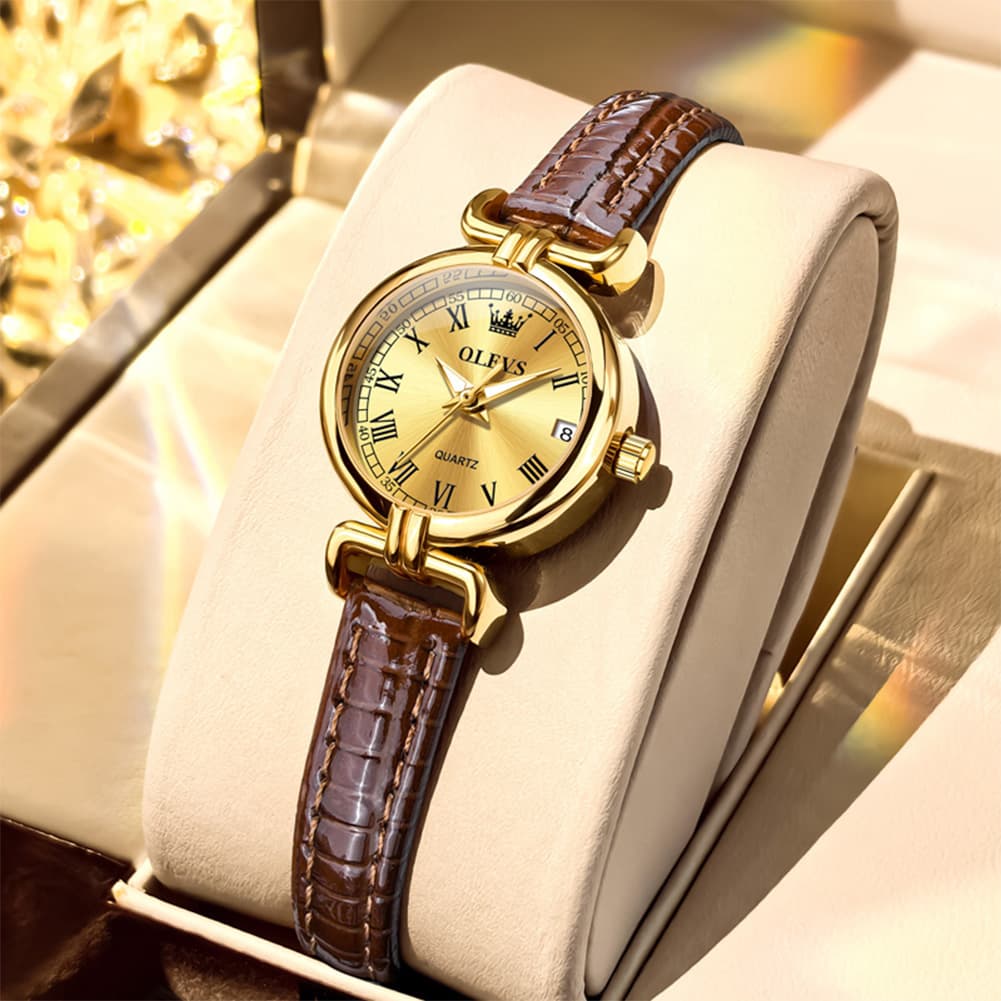 OLEVS Women Vintage Dress Watch Petite 24mm Leather Strap Date Quartz 5645 - Silver White Dial Watch | Olevs Watch Store