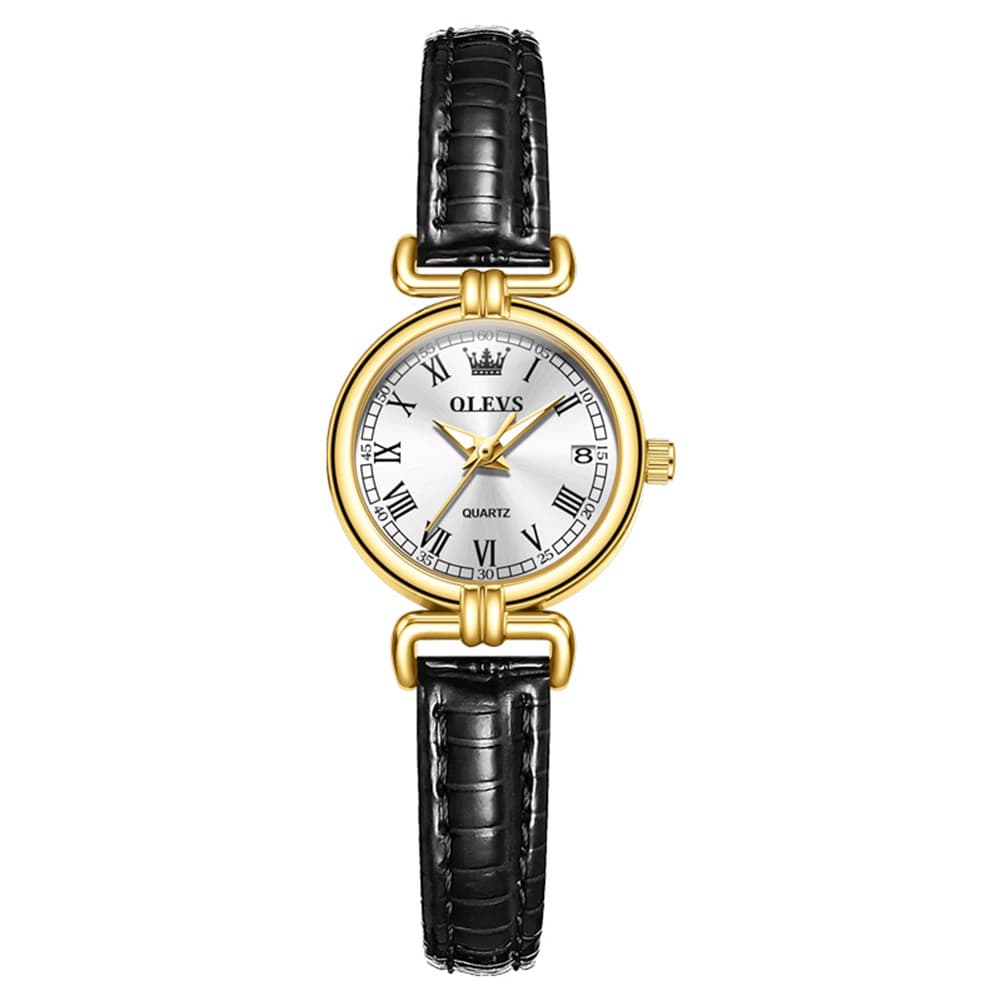 OLEVS Women Vintage Dress Watch Petite 24mm Leather Strap Date Quartz 5645 - Silver White Dial Watch | Olevs Watch Store