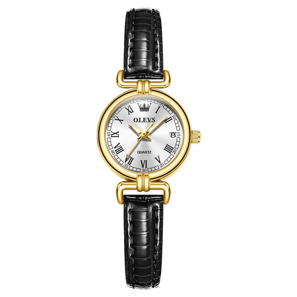 OLEVS Women Vintage Dress Watch Petite 24mm Leather Strap Date Quartz 5645 - Silver White Dial Watch | Olevs Watch Store