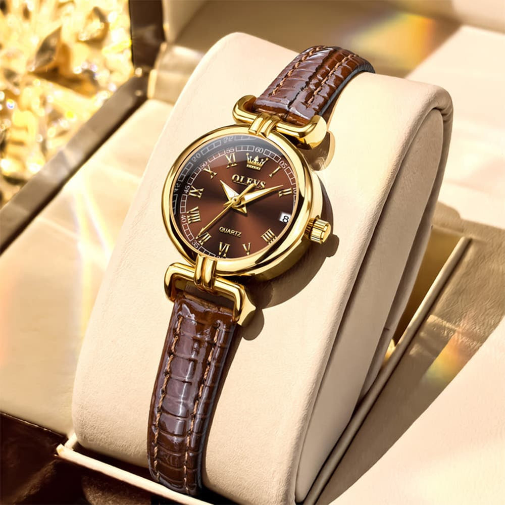 OLEVS Women Vintage Dress Watch Petite 24mm Leather Strap Date Quartz 5645 - Silver White Dial Watch | Olevs Watch Store