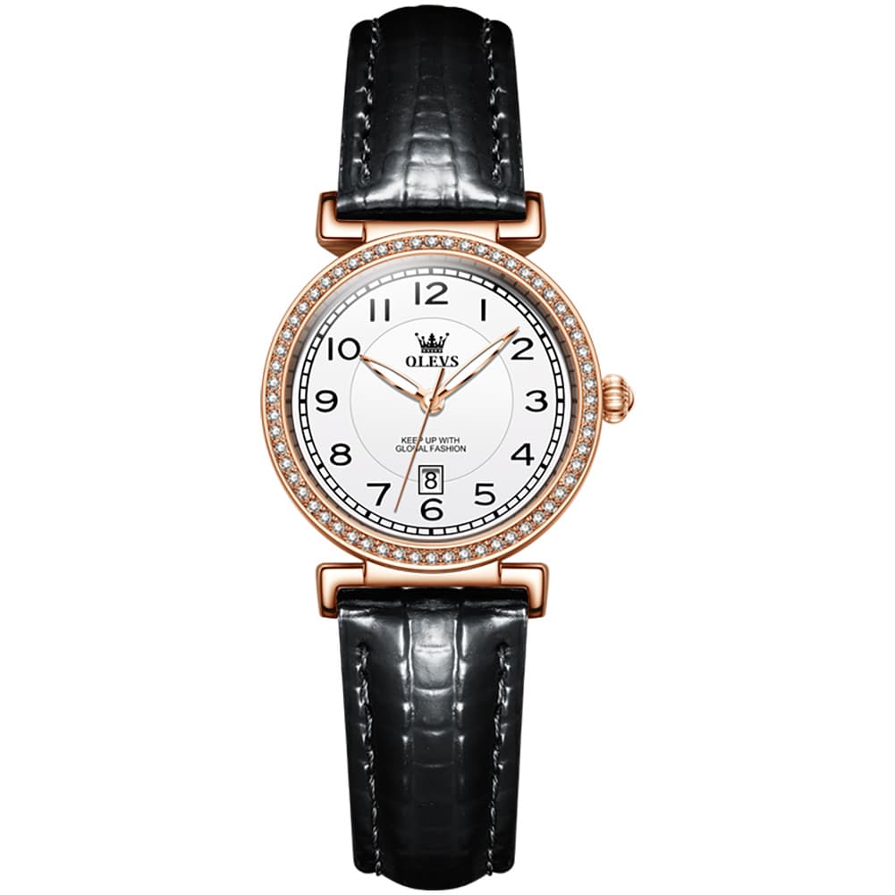 OLEVS Women Vintage Leather Dress Watch Arabic Numerals Date Quartz 5590 - Black Leather White Dial Watch | Olevs Watch Store