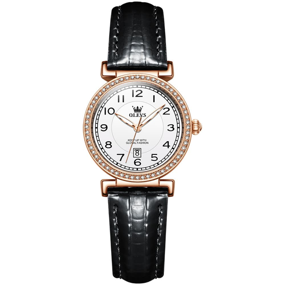 OLEVS Women Vintage Leather Dress Watch Arabic Numerals Date Quartz 5590 - Black Leather White Dial Watch | Olevs Watch Store