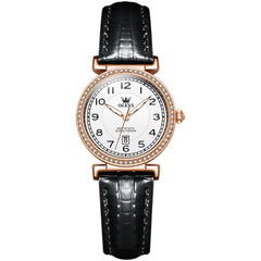 OLEVS Women Vintage Leather Dress Watch Arabic Numerals Date Quartz 5590 - Black Leather White Dial Watch | Olevs Watch Store