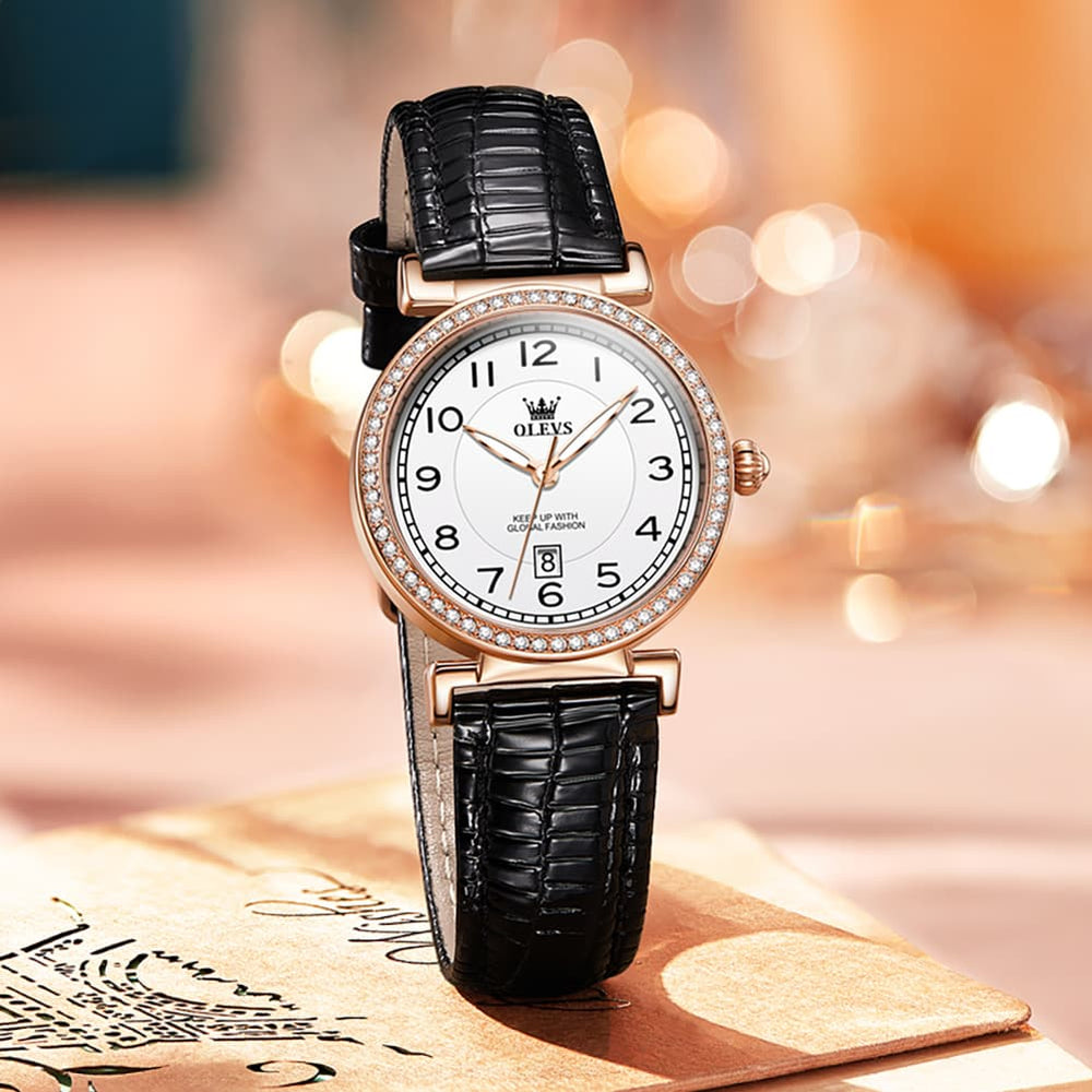 OLEVS Women Vintage Leather Dress Watch Arabic Numerals Date Quartz 5590 - Brown Leather Champagne Dial | Olevs Watch Store