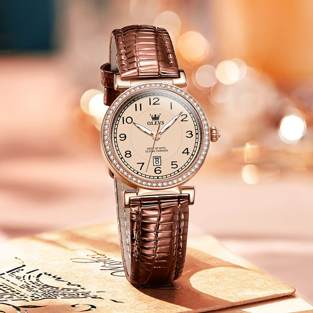 OLEVS Women Vintage Leather Dress Watch Arabic Numerals Date Quartz 5590 - Brown Leather Champagne Dial | Olevs Watch Store